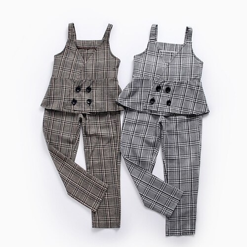 

2 Pieces Toddler Girls' Plaid Tank & Pants Set Sleeveless Fashion Outdoor Cotton 3-7 Years Spring Light gray Gray / Summer