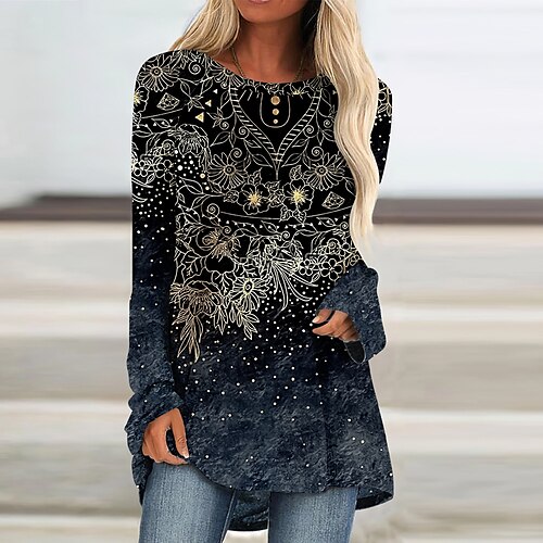 

Women's Shirt Purple Yellow Light Green Graphic Floral Print Long Sleeve Casual Weekend Streetwear Round Neck Long S