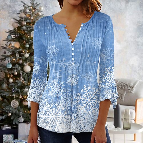 

Women's Shirt Blue Purple Orange Snowflake Button Print 3/4 Length Sleeve Christmas Weekend Streetwear Casual Round Neck Regular S