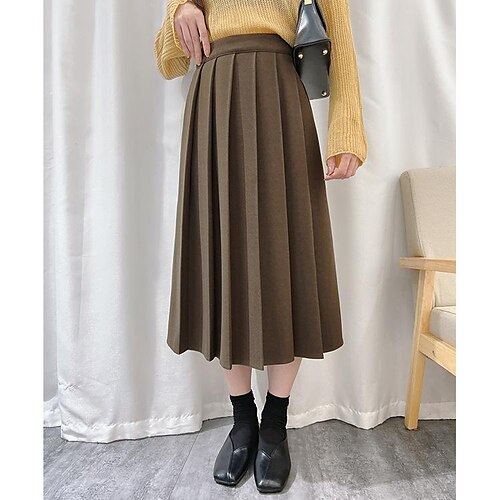 

Women's Skirt Midi Woolen khaki Brown Skirts Pleated Fashion Office / Career Daily M L