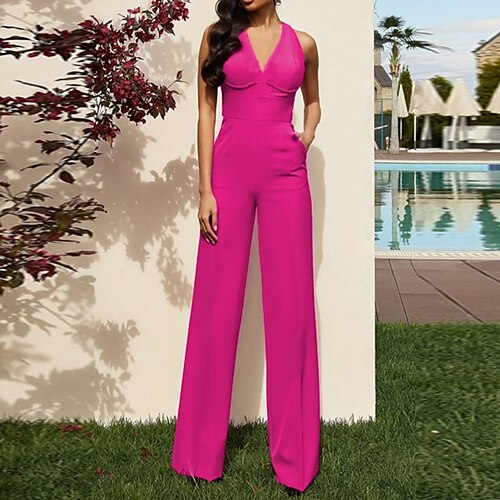 

Combinaison Femme Dos Nu Poche Couleur unie Col V Vêtement de rue Travail du quotidien Standard Sans Manches Fuchsia S Hiver