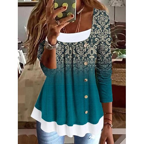 

Women's Shirt Green Blue Pink Graphic Flowing tunic Print Long Sleeve Casual Basic Square Neck Regular S