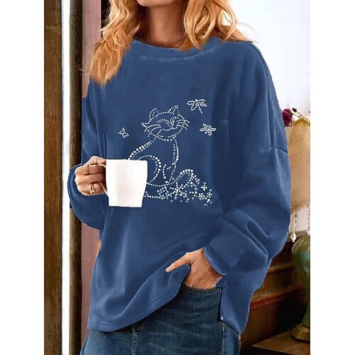 

Women's Sweatshirt Pullover Basic Green Black Blue Cat Street Round Neck Long Sleeve S M L XL 2XL 3XL