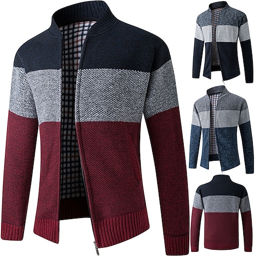 

Men's Cardigan Sweater Fleece Sweater Ribbed Knit Knitted Color Block Standing Collar Warm Ups Modern Contemporary Daily Wear Going out Clothing Apparel Fall & Winter Red & White Blue M L XL