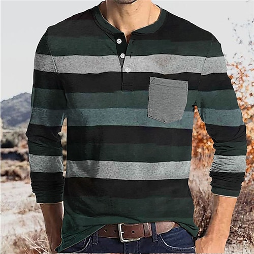 

Men's T shirt Tee Henley Shirt Tee Graphic Striped Henley Black 3D Print Outdoor Daily Long Sleeve Button-Down Print Clothing Apparel Basic Designer Casual Pocket