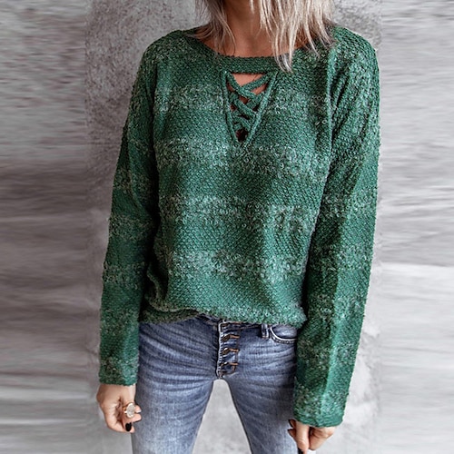 

Mujer Suéter de punto Puente Estriado Tejer Ahuecado De Punto Color puro Cuello Barco Elegante Casual Exterior Diario Invierno Otoño Verde Trébol S M L / Manga Larga / Festivos / Ajuste regular