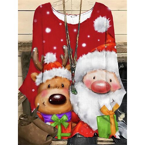 

Women's Plus Size Christmas Tops Blouse Shirt Cartoon Deer Print Long Sleeve Casual Holiday Daily Polyester Winter Fall Wine