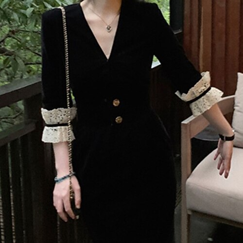 

Women's Velvet Dress Black Dress Short Mini Dress Black 3/4 Length Sleeve Color Block Embroidered Button Velvet Fall Winter V Neck Stylish Modern Mature 2022 S M L XL