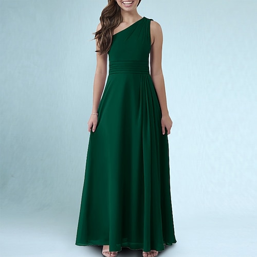 

A-Line Floor Length One Shoulder Chiffon Junior Bridesmaid Dresses&Gowns With Ruching Wedding Party Dresses 4-16 Year