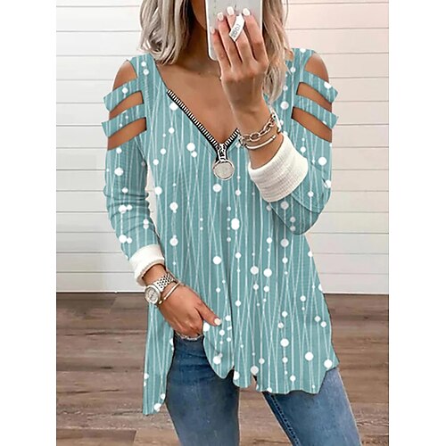 

Women's Blouse Green Blue White Polka Dot Heart Cut Out Quarter Zip Long Sleeve Holiday Weekend Streetwear Casual V Neck Regular S