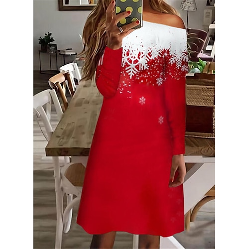 

Women's Christmas Casual Dress T Shirt Dress Tee Dress Mini Dress Black Red Long Sleeve Snowflake Backless Winter Fall Spring Cold Shoulder Vacation Daily Vacation 2022 S M L XL XXL