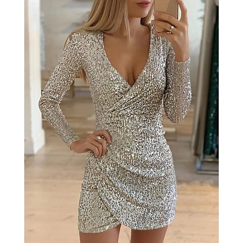 

Sheath / Column Cocktail Dresses Party Dress Christmas Short / Mini Long Sleeve V Neck Sequined with Ruched Sequin 2022 / Sparkle & Shine