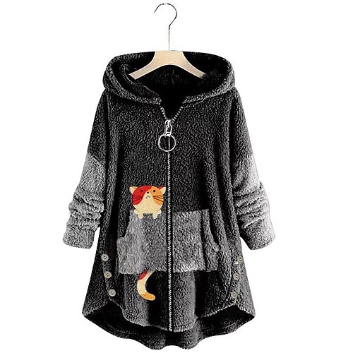 

Women's Fleece Hoodie Green Pink Dark Grey Grey Hooded Cat Front Pocket Print Daily Weekend Fleece Casual Fuzzy Clothing Apparel Hoodies Sweatshirts / Fleece lined