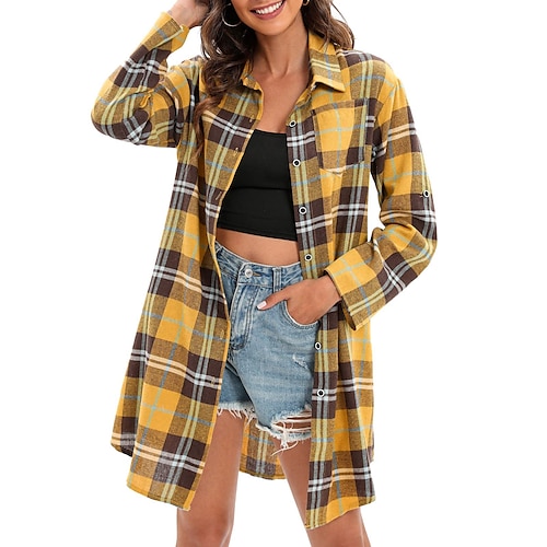 

Women's Blouse Shirt Green Blue Pink Plaid Button Print Long Sleeve Casual Basic Shirt Collar Long Cotton S
