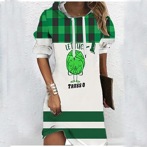 

Women's Hoodie Dress Winter Dress Mini Dress Green Long Sleeve Plaid Letter Print Fall Spring Hooded Casual Fall Dress Loose Fit 2022 S M L XL XXL 3XL / Cotton