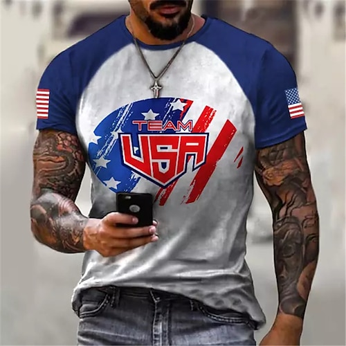 

Men's T shirt Tee Color Block Graphic Prints National Flag Crew Neck Blue 3D Print Outdoor Street Short Sleeve Print Clothing Apparel Sports Designer Casual / Summer