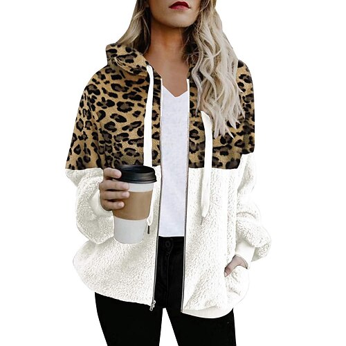 

Women's Hoodie Sweatshirt Active Sherpa Fleece Teddy Zip Up Green Pink Brown Leopard Color Block Casual Hoodie Long Sleeve S M L XL 2XL 3XL / Winter