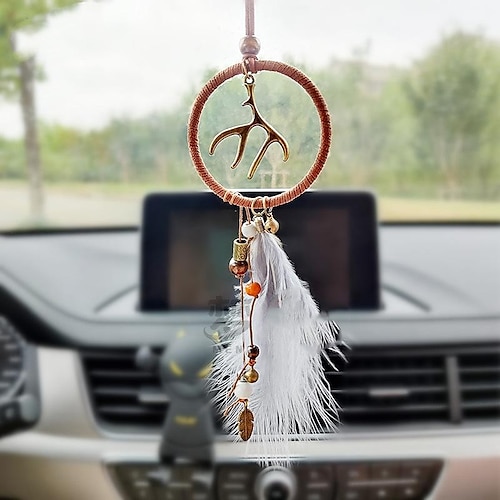 

Christmas Antler Dream Catcher Handmade Gift with White Feathers Wall Hanging Decor Art Wind Chimes Boho Style Car Hanging Home Pendant