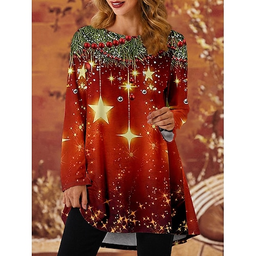 

Women's Shirt Red Star Flowing tunic Print Long Sleeve Christmas Casual Basic Round Neck Long S