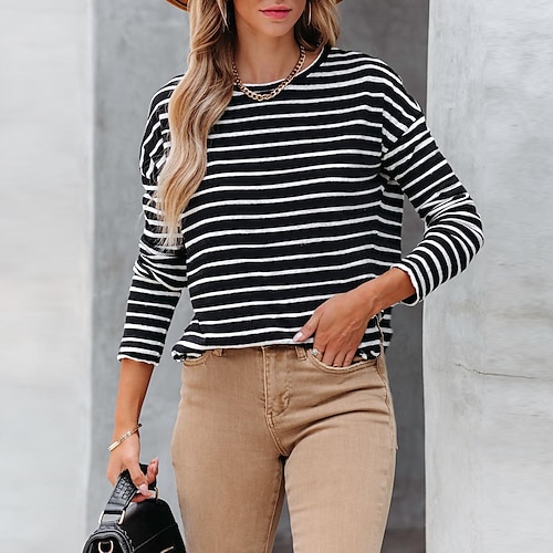 

cross-border amazon independent station hot sale 2022 european and american new autumn women's striped loose round neck long sleeve t-shirt