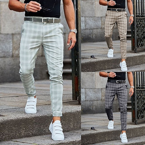 

Men's Chinos Slacks Pencil Trousers Jogger Pants Plaid Checkered Lattice Soft Full Length Daily Weekend Office / Business Casual / Sporty Blue Light Green Inelastic / Fall