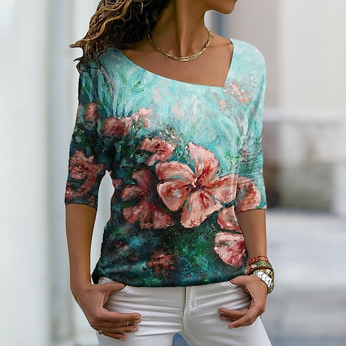 

Women's T shirt Tee Green Floral Print Long Sleeve Holiday Weekend Basic V Neck Regular Floral Painting S