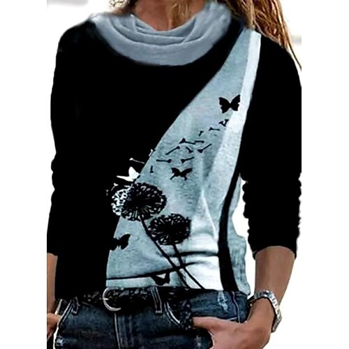 

Women's Blouse Green Gray Graphic Print Long Sleeve Holiday Casual High Neck Regular S