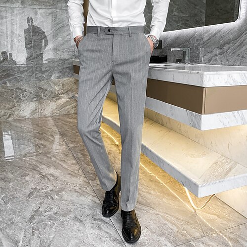 

Men's Dress Pants Long Inelastic Slim Fit Stripe Light Grey Dark Grey Black 2022