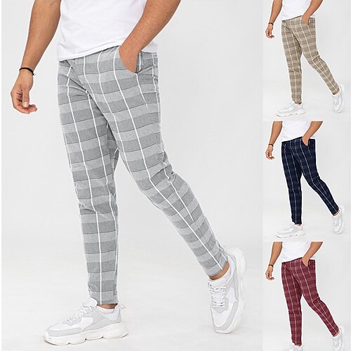 

Men's Chinos Trousers Jogger Pants Pocket Plaid Breathable Soft Casual Daily Fashion Streetwear Wine Dark Blue Micro-elastic / Spring