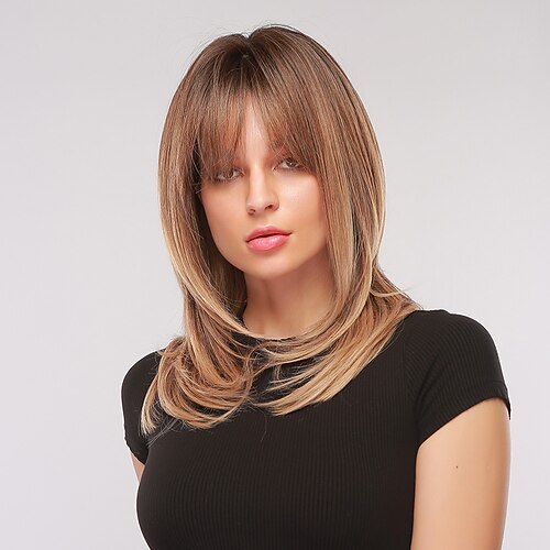 

24 Inch Synthetic Wig Brown Long Straight Hair with Bangs Fashion Daily Refreshing Party Cosplay Ladies Wigs