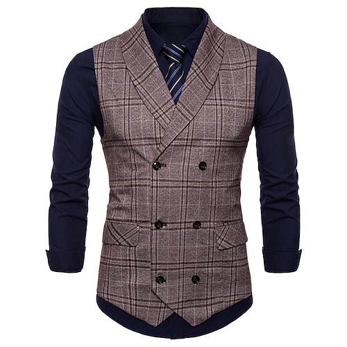 

Men's Casual Vest Plaid Regular Fit Shawl Collar Double Breasted Six-buttons Coffee Grey 2022