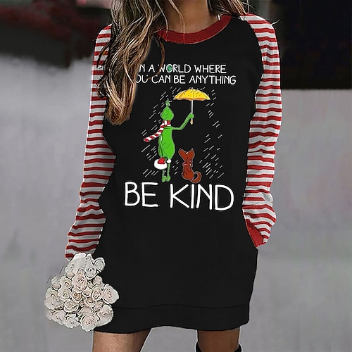 

Women's Hoodie Dress Streetwear Green Black Yellow Graphic Striped Christmas Round Neck Long Sleeve S M L XL 2XL 3XL