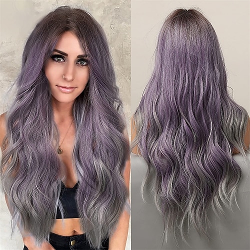 

Long Wavy Wig Ombre Light Purple Grey MQ Gray Purple Wave Wigs 26'' for Women Synthetic Fiber Heat Resistant Curly Wigs 150% Density for Daily Costume Halloween Christmas Party Cosplay Wavy Wig