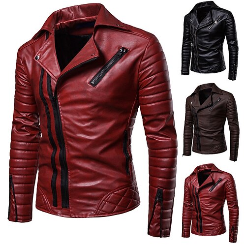

Men's Faux Leather Jacket Biker Jacket Motorcycle Jacket Durable Daily Wear Vacation To-Go Zipper Turndown Comfort Leisure Jacket Outerwear Solid / Plain Color Pocket Black Red Coffee