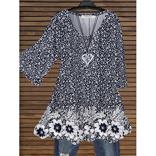 

Women's Plus Size Tops Blouse Shirt Floral Print 3/4 Length Sleeve Crewneck Casual Daily Holiday Cotton Spandex Jersey Winter Fall Black