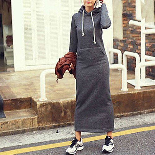 

robe à capuche pour femme robe d'hiver robe longue robe maxi noir gris clair gris foncé bleu marine manches longues couleur pure patchwork poche hiver automne à capuche élégant décontracté robe