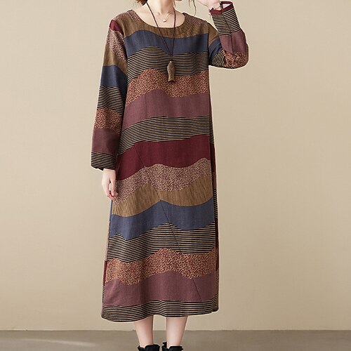 

Women's Casual Dress T Shirt Dress Tee Dress Shift Dress Long Dress Maxi Dress Red Brown Long Sleeve Striped Print Winter Fall Autumn Crew Neck Loose Fit 2022 M L XL XXL