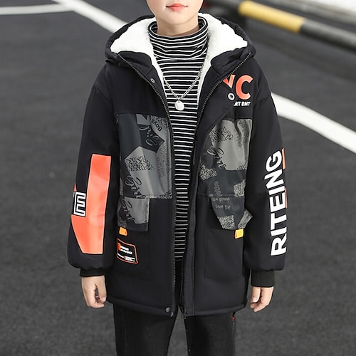 

Kids Boys Parka Outerwear Letter Long Sleeve Coat Outdoor Cotton Daily Yellow Orange Winter Fall 7-13 Years