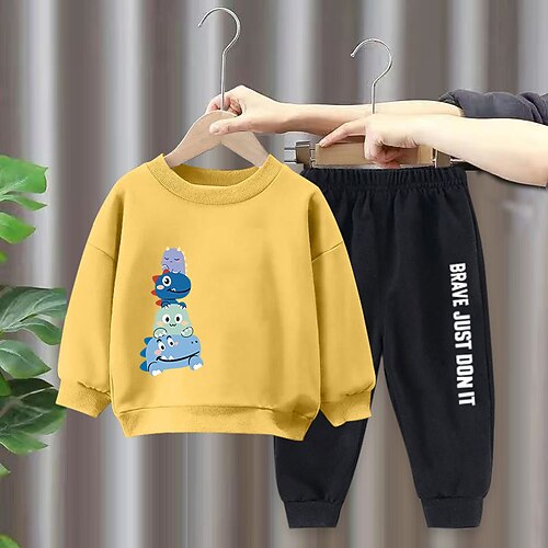 

2 Pieces Kids Boys Sweatshirt & Pants Clothing Set Outfit Letter Dinosaur Long Sleeve Cotton Set Outdoor Fashion Casual Winter Fall 3-7 Years Green Yellow Orange