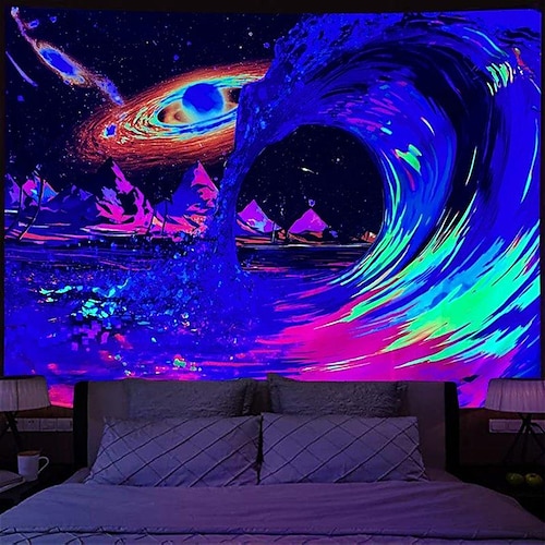 

Galaxy Wave Blacklight UV Reactive Wall Tapestry Art Decor Blanket Curtain Picnic Tablecloth Hanging Home Bedroom Living Room Dorm Decoration Polyester