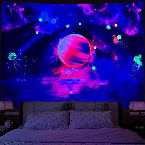 

Blacklight UV Reactive Tapestry Photography Background Galaxy Jellyfish Tapestry Dormitory Living Room Art Decoration Hanging Cloth