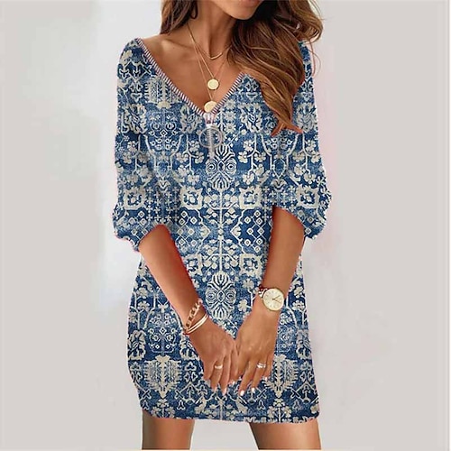 

Women's Sweatshirt Dress Winter Dress Blue Long Sleeve Floral Zipper Print Winter Fall V Neck Vacation Casual Fall Dress Loose Fit 2022 S M L XL XXL 3XL