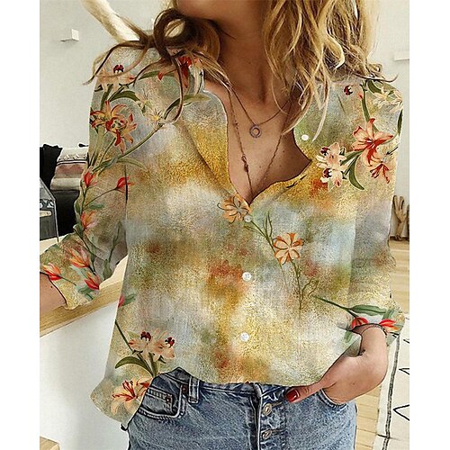 

Women's Blouse Shirt Green Blue Pink Floral Button Print Long Sleeve Casual Holiday Streetwear Shirt Collar Regular Floral S