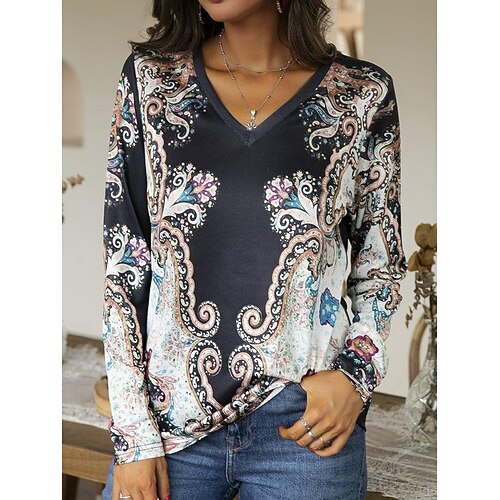 

Women's T shirt Tee Black Coffee Graphic Print Long Sleeve Casual Ethnic Round Neck Regular S