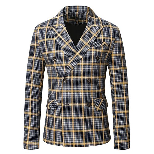 

Men's Fashion Casual Blazer Regular Tailored Fit Checkered Double Breasted Six-buttons Navy Blue 2022 / Winter
