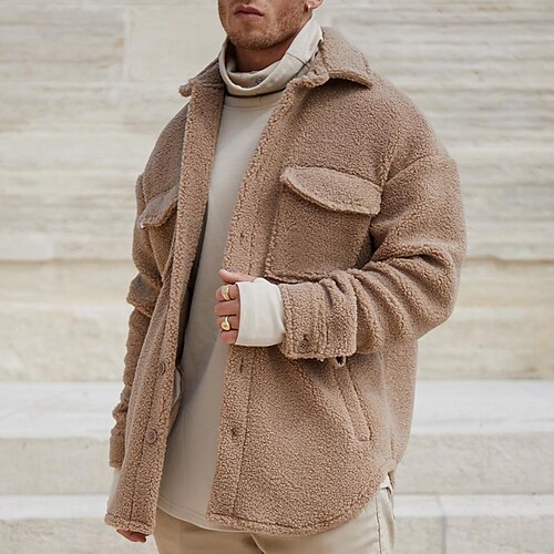 

Men's Sherpa jacket Fleece Jacket Durable Daily Wear Vacation To-Go Single Breasted Turndown Warm Ups Comfort Leisure Jacket Outerwear Solid / Plain Color Pocket Light Brown Beige