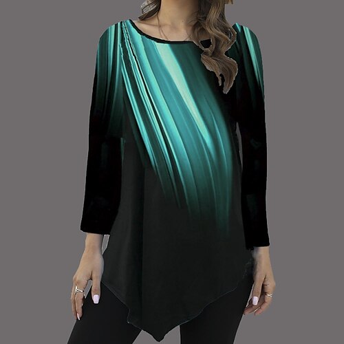 

Women's Shirt Jade green Green Blue Graphic Asymmetric Print Long Sleeve Casual Basic Round Neck Long S