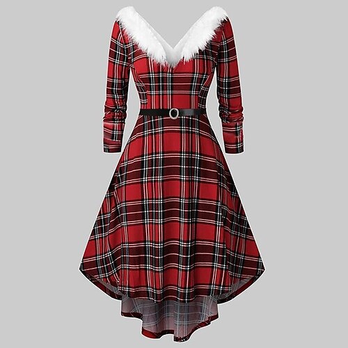 

Women's Christmas Tartan Dress Sheath Dress Red grid Green grid Red Long Sleeve Plaid Pure Color Zipper Feather Winter Fall Off Shoulder Vintage Fall Dress Slim 2022 S M L XL XXL / Winter Dress