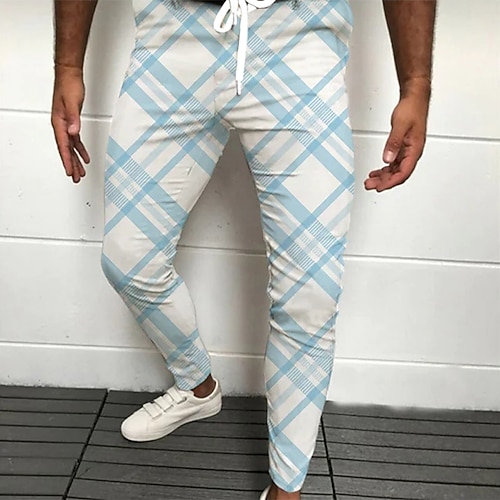 

Men's Joggers Trousers Casual Pants Drawstring Elastic Waist Print Plaid Graphic Prints Tartan Comfort Breathable Casual Daily Streetwear Basic Fashion Blue Beige Micro-elastic / Elasticity