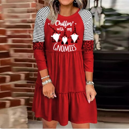 

Women's Christmas Casual Dress Shift Dress Mini Dress Wine Light Red Red Long Sleeve Leopard Santa Claus Tree Ruffle Print Winter Fall Crew Neck Vacation Casual 2022 S M L XL XXL 3XL 4XL 5XL